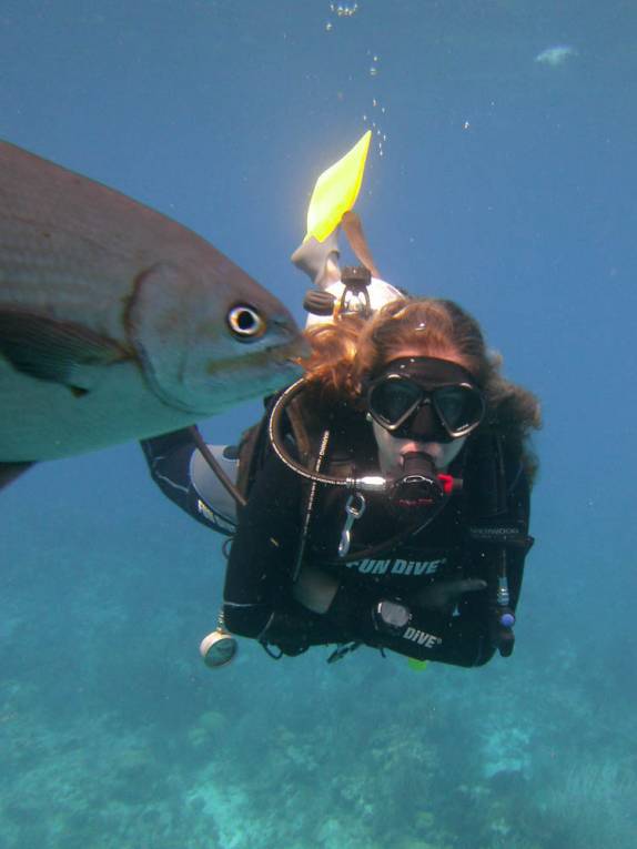 Um peixe parece contar um segredo para a Ana durante mergulho em Long Caye Aquarium, perto do Blue Hole, na grande barreira de corais de Belize